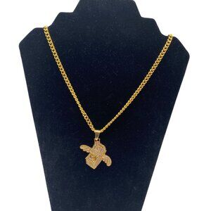 Winged Dollar Bill Pendant Necklace‎ Mens Cuban Chain Gold & Rhinestones